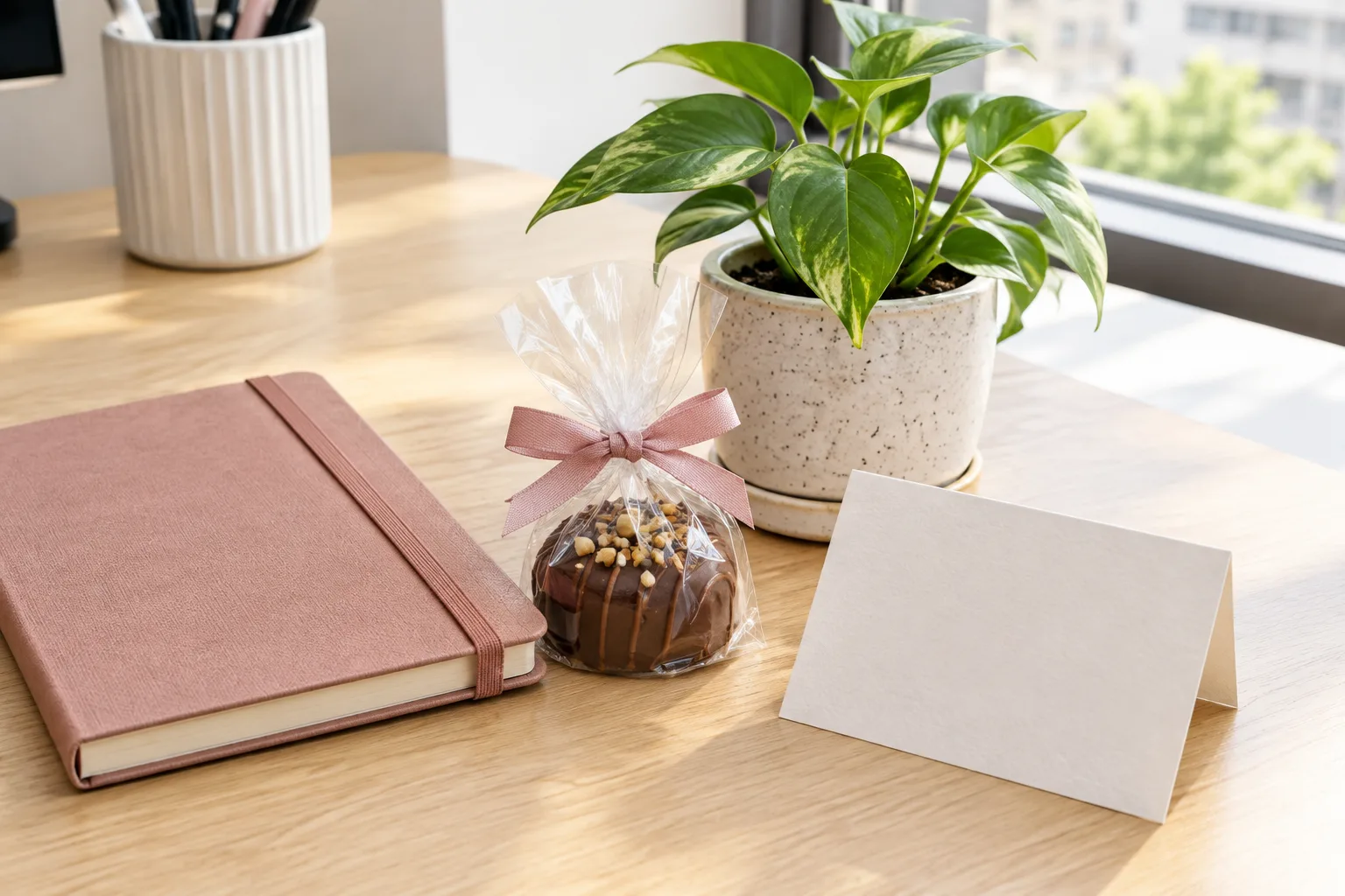 Petites idées de cadeaux disposées sur un bureau : carnet, plante, gourmandise et carte.