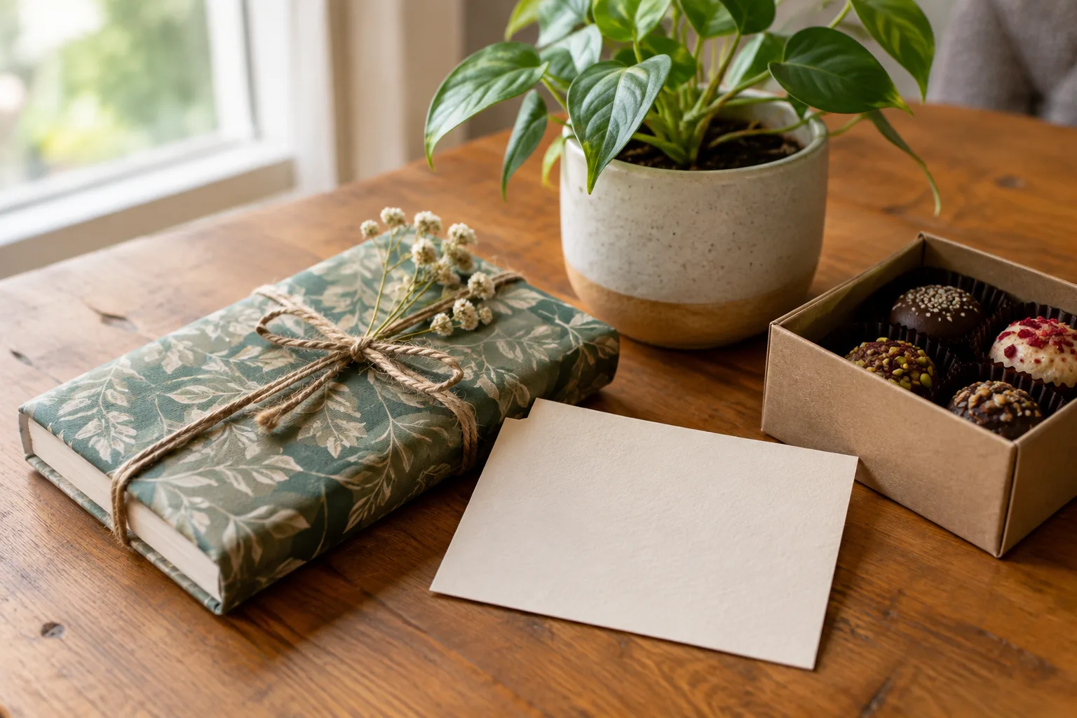 Un livre emballé, une petite plante et une boîte de gourmandises réunis pour un cadeau d’anniversaire.
