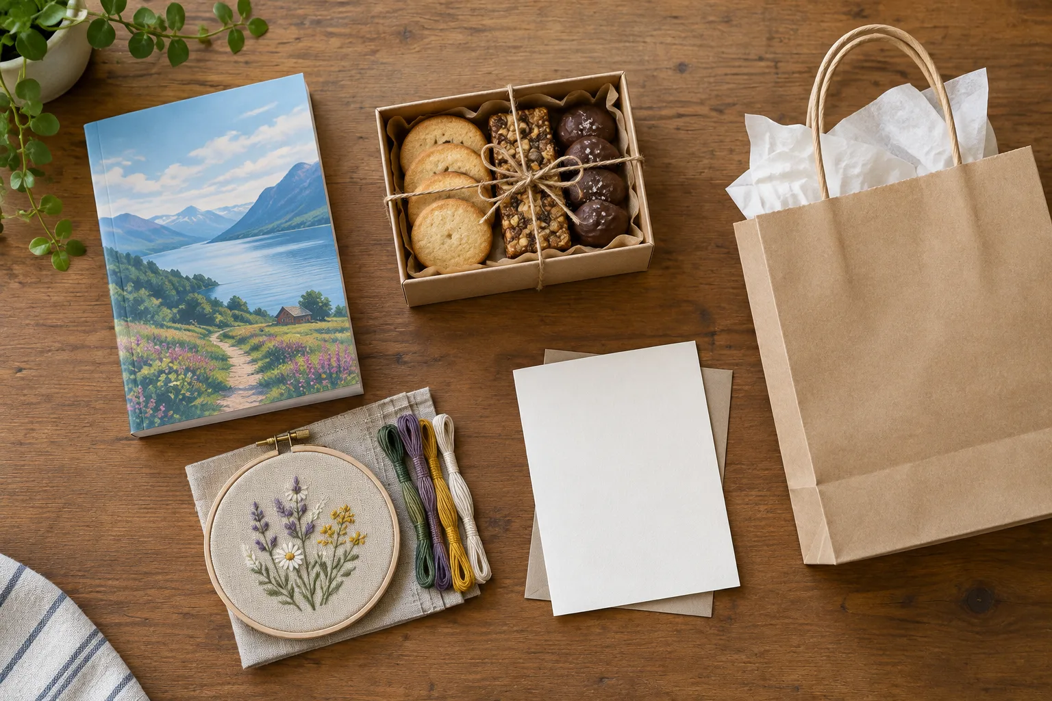 Plusieurs idées de cadeaux communs sont disposées sur une table : livre, gourmandises et carte vierge.