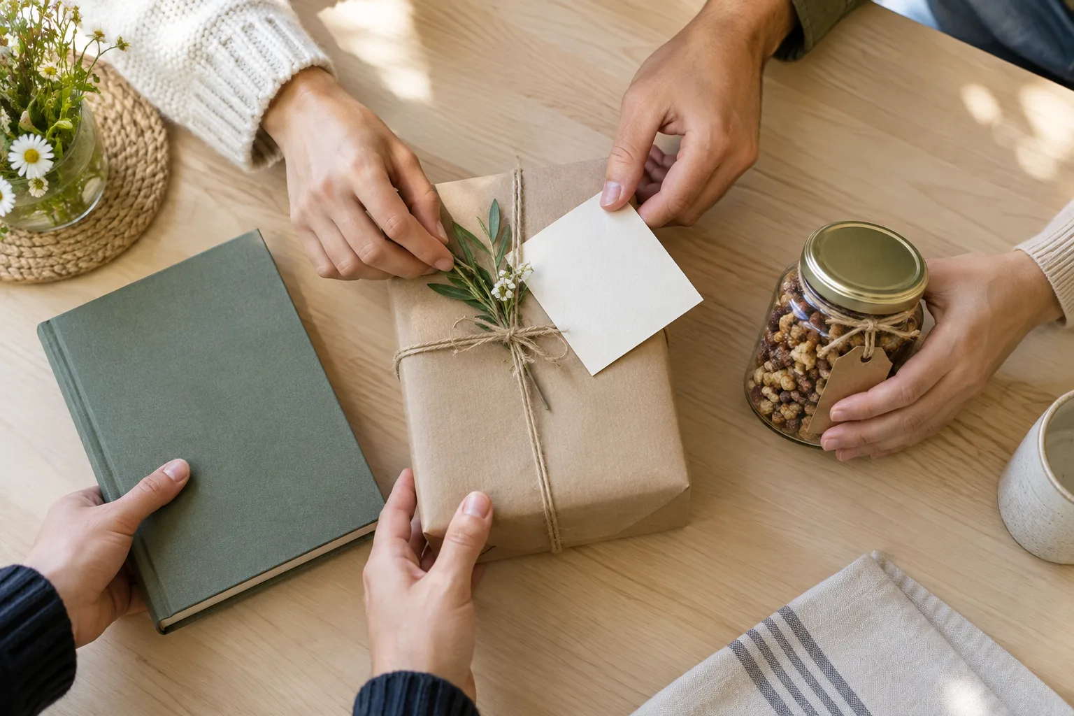 Des mains réunissent un livre, une carte et des produits gourmands pour composer un cadeau commun.