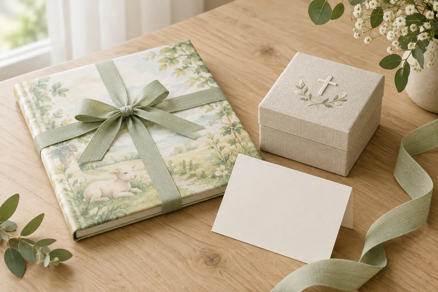 Un livre pour enfant, une carte vierge et une boîte souvenir présentés comme idées de cadeaux de baptême.