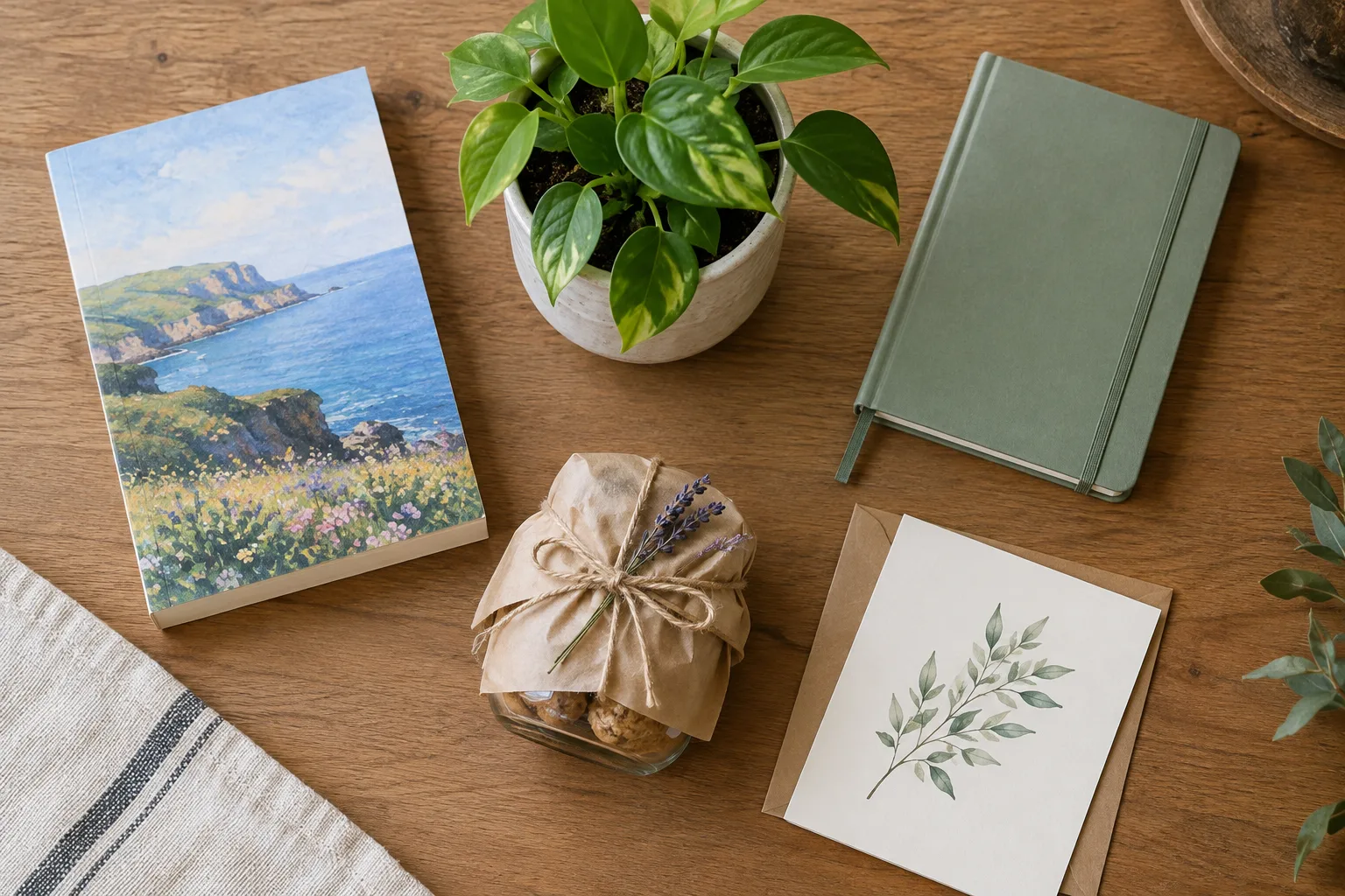 Plusieurs petites idées cadeaux disposées sur une table : livre, plante, carnet et gourmandise emballée.