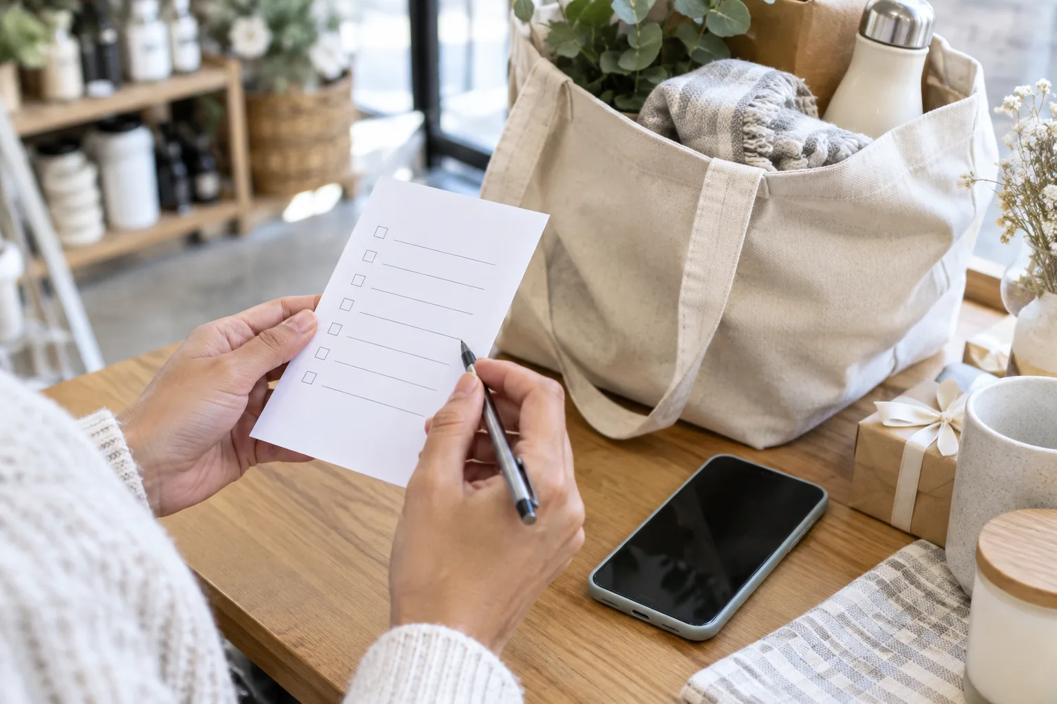Des mains consultent une liste et un téléphone à côté d’un sac réutilisable et de quelques articles.