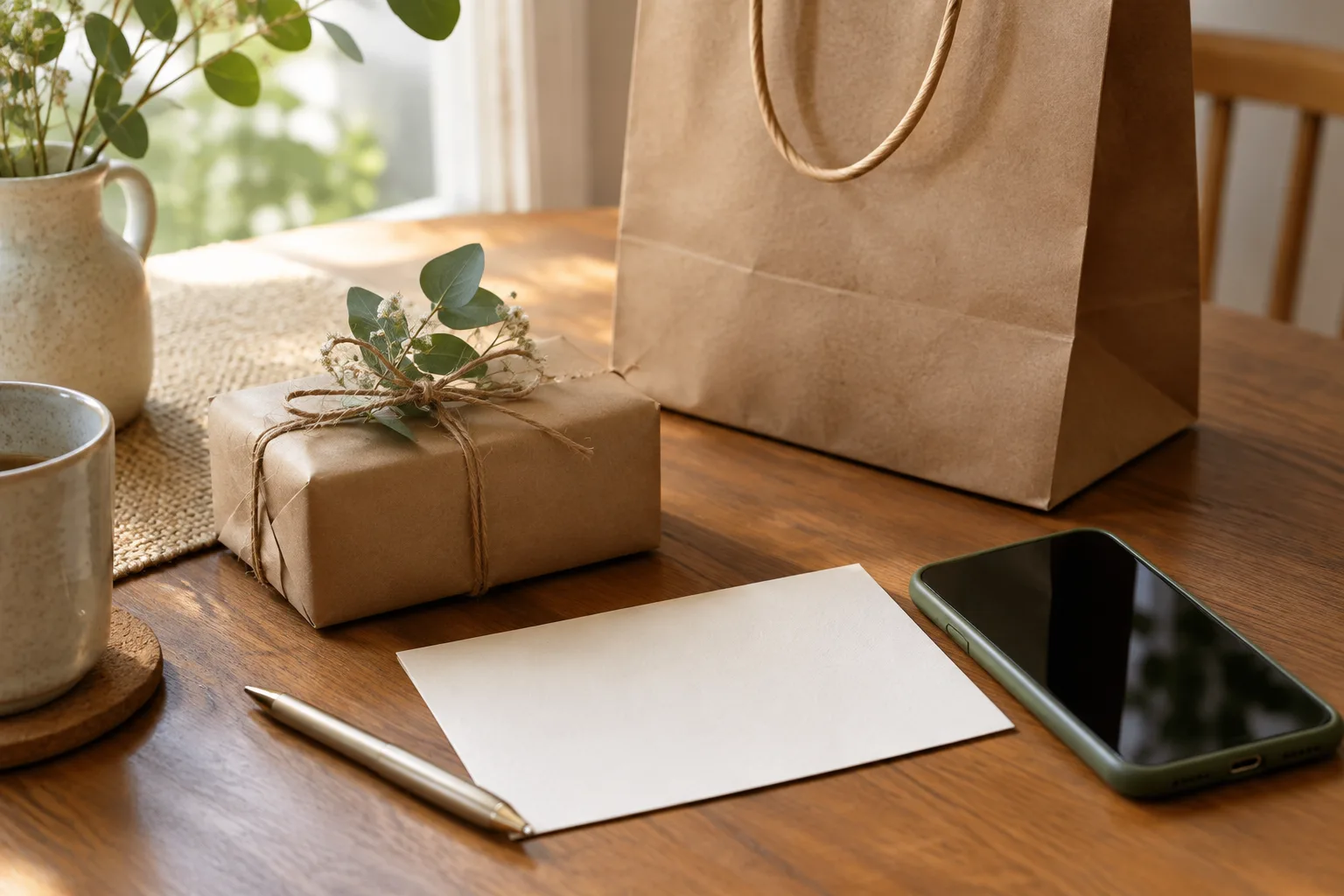 Un petit cadeau emballé posé près d’une carte vierge et d’un sac de courses.