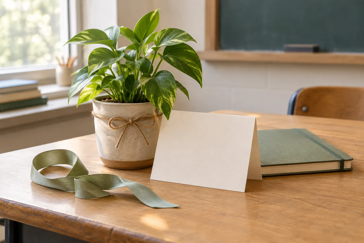 Une carte, un petit carnet et une plante réunis sur un bureau pour remercier une enseignante.