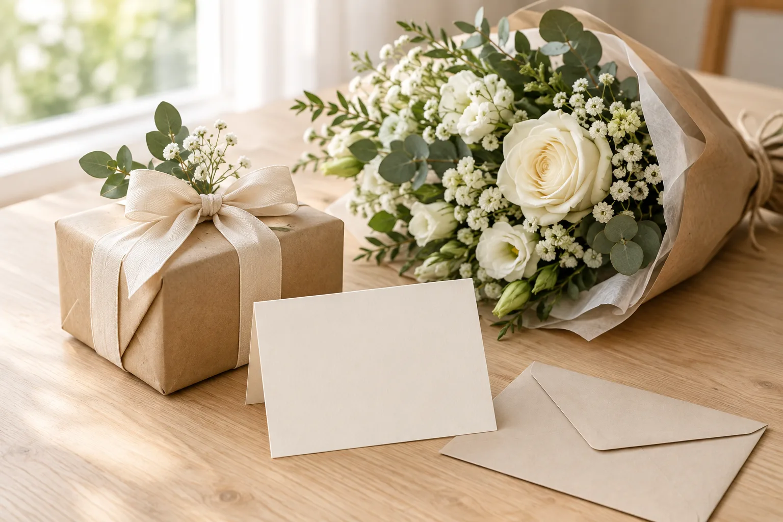 Petit cadeau de mariage emballé près d’une carte vierge et d’un bouquet.