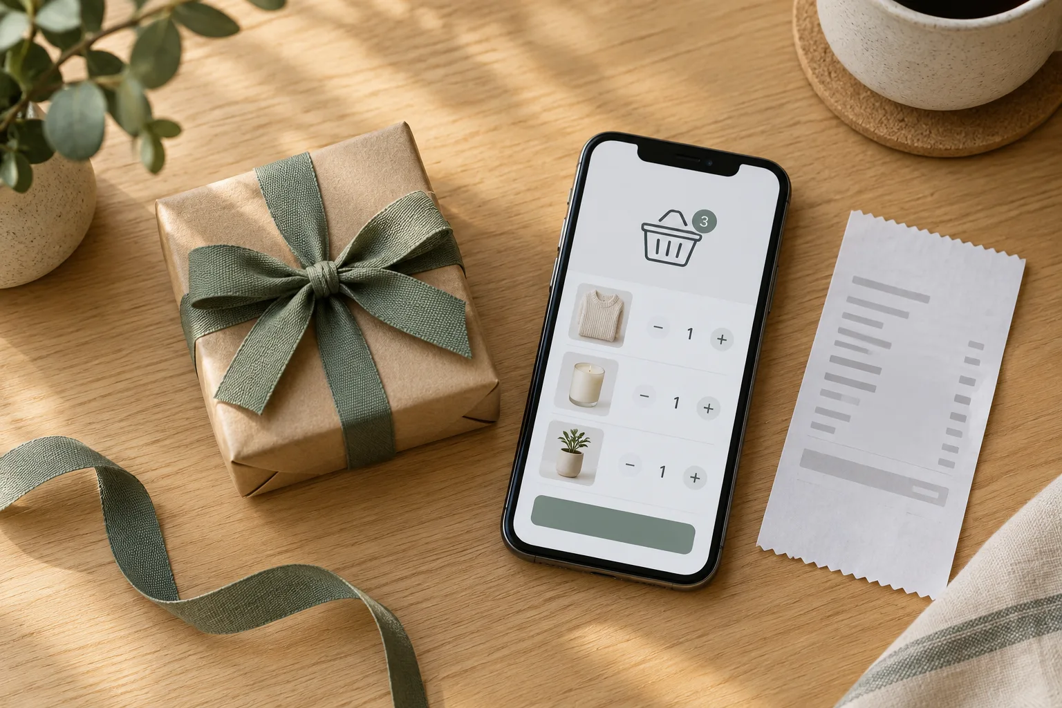 Petit cadeau emballé près d’un téléphone et d’un reçu sur une table.