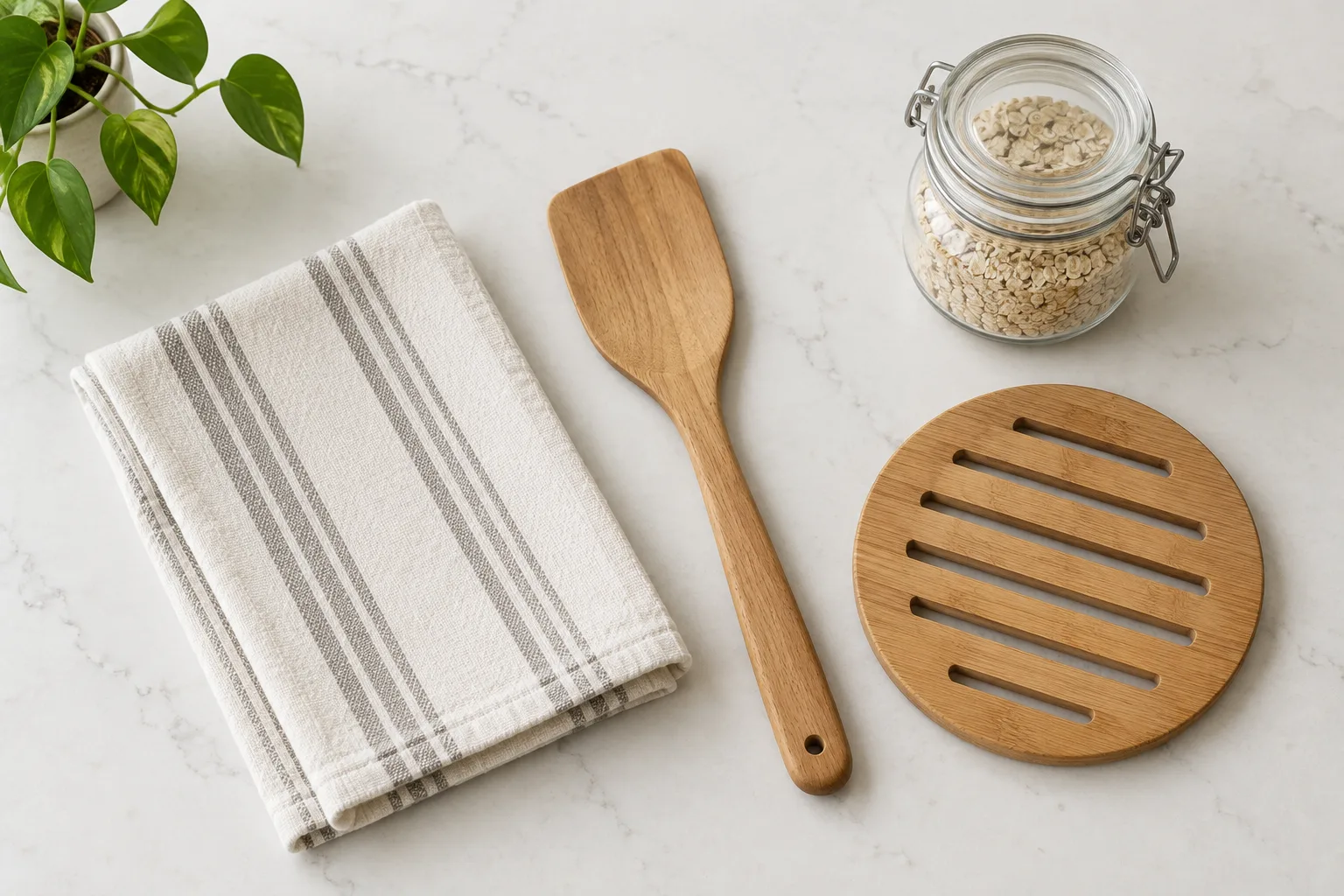 Torchon, spatule en bois et petit pot de conservation présentés sur un plan de travail.
