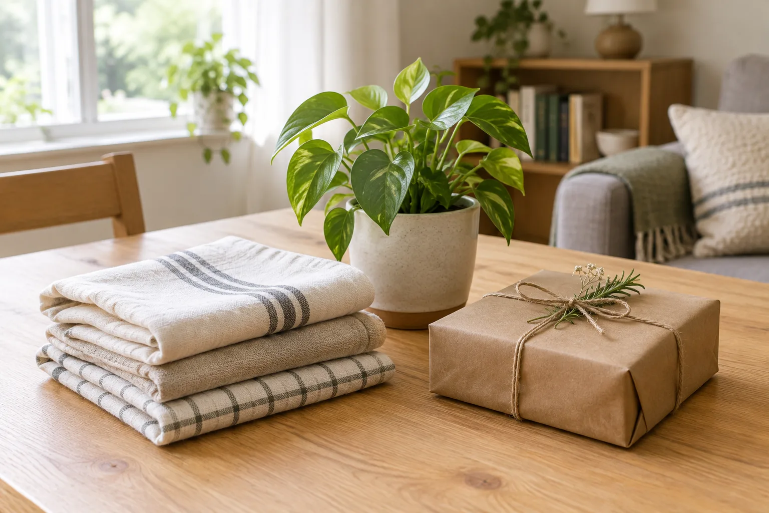 Torchons et ustensiles simples disposés comme idées de cadeau pour un nouveau logement.