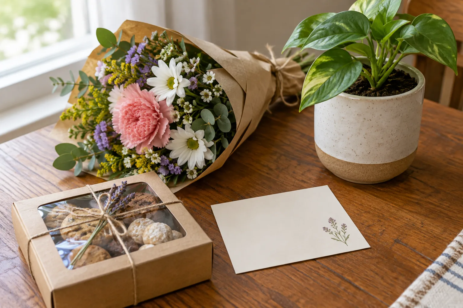 Petit bouquet, gourmandises et plante réunis sur une table pour évoquer des cadeaux de fête des mères.