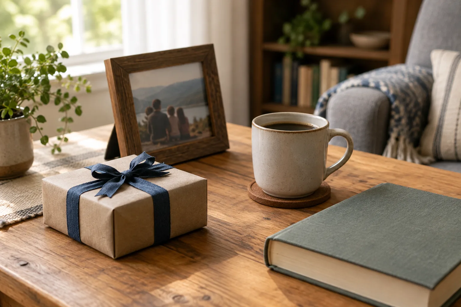 Un petit cadeau, un livre et une tasse réunis sur une table pour la fête des pères.