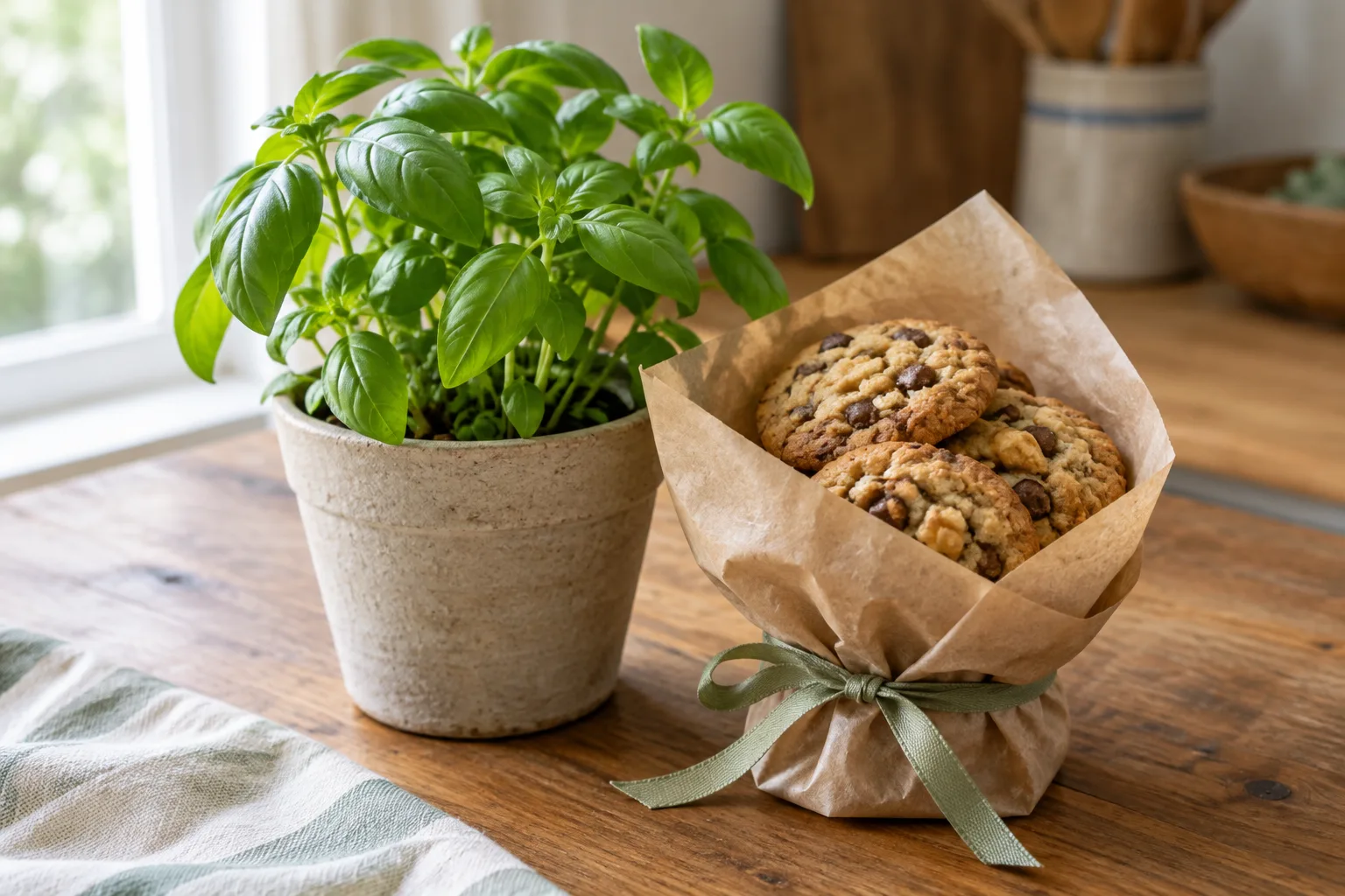 Une plante aromatique en pot accompagnée de biscuits maison emballés sobrement.