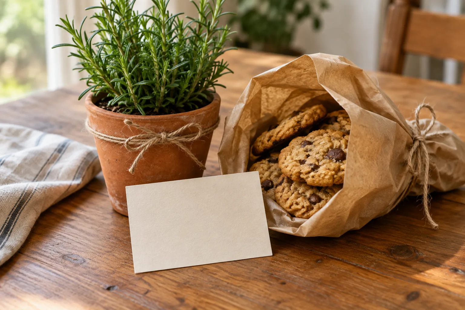 Une petite plante aromatique et des biscuits emballés simplement, posés sur une table.