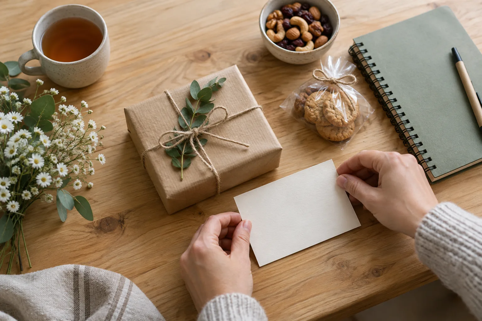 Une petite boîte emballée simplement, une carte vierge et quelques attentions disposées sur une table.