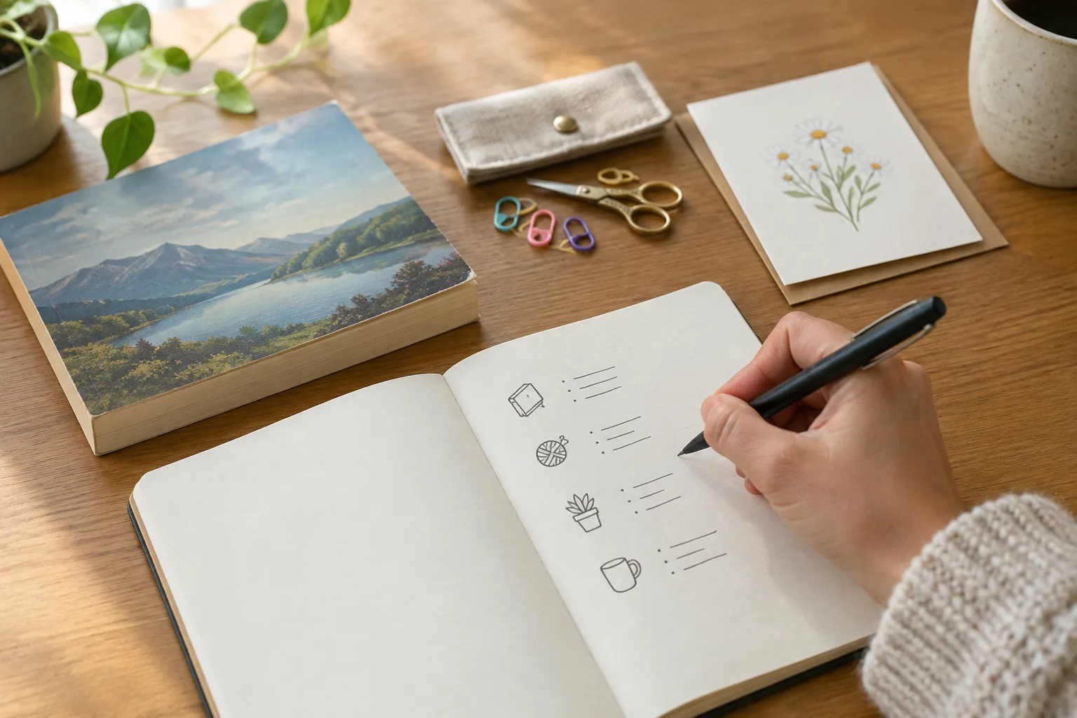 Un carnet ouvert à côté d’un livre, d’un petit accessoire et d’une carte.