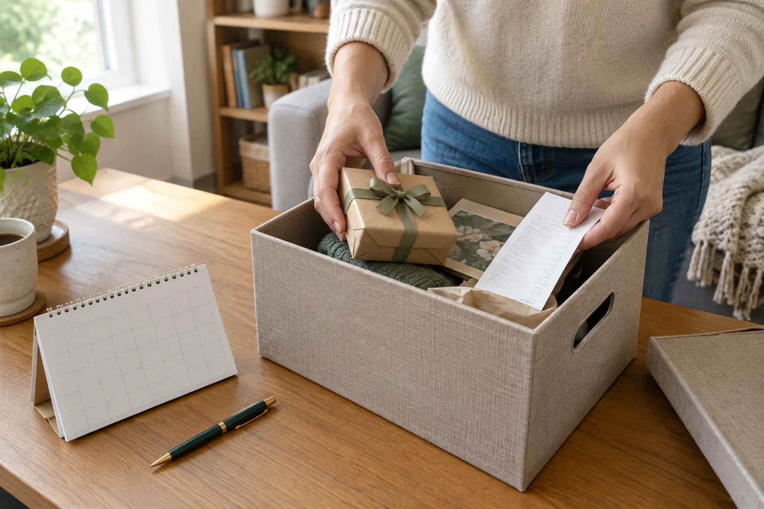 Des mains rangent un petit cadeau et un justificatif près d’un calendrier.