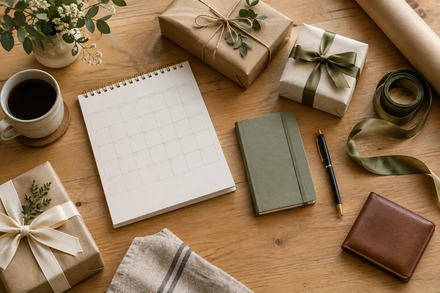 Un calendrier vierge, un carnet et quelques cadeaux emballés réunis sur une table.