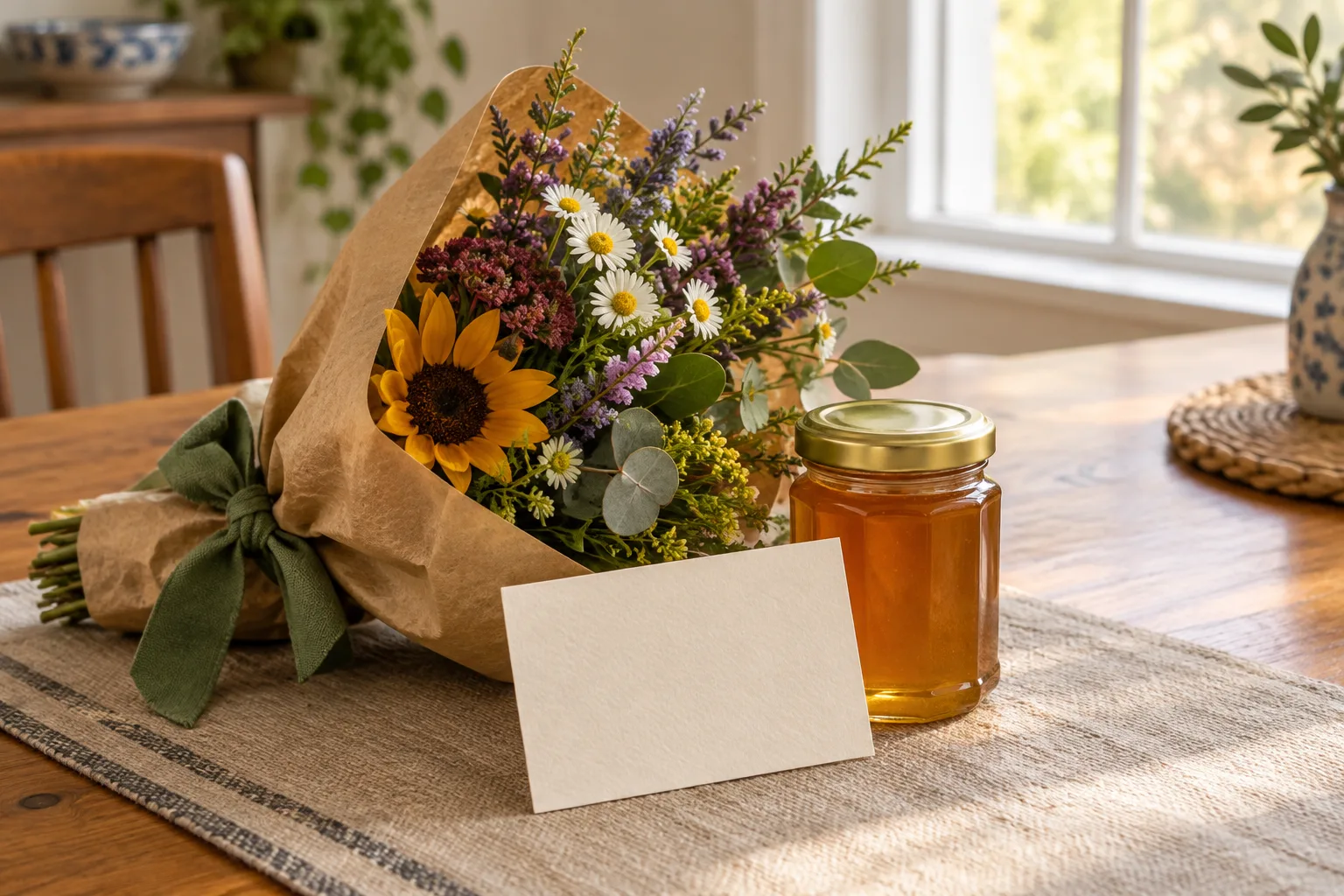 Une petite attention composée d’un pot de miel, de fleurs et d’une carte posée sur une table.