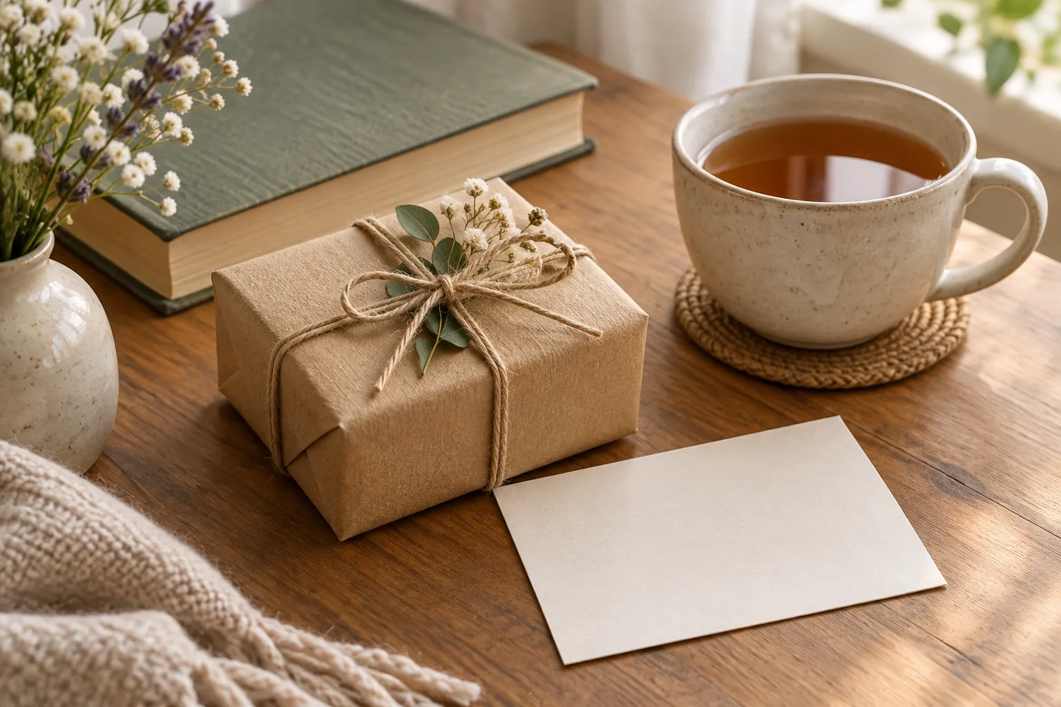 Un petit cadeau emballé posé près d’un livre, d’une tasse et d’une carte vierge.