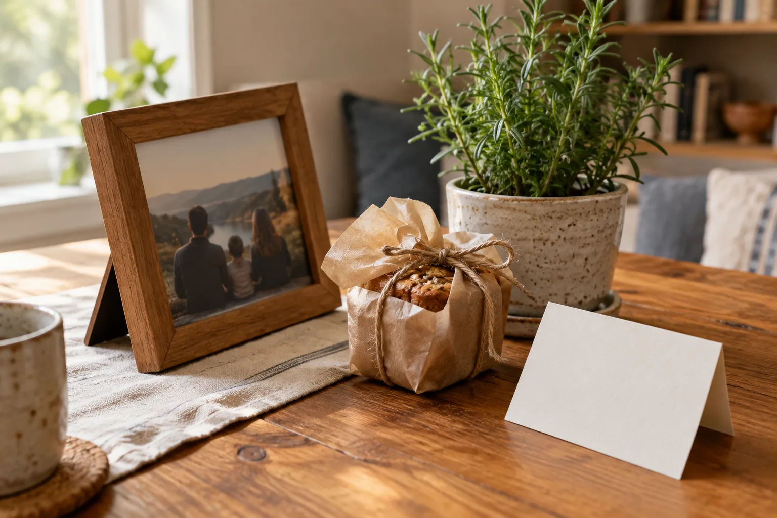 Une petite attention composée d’une photo encadrée, d’une gourmandise et d’une plante sur une table.
