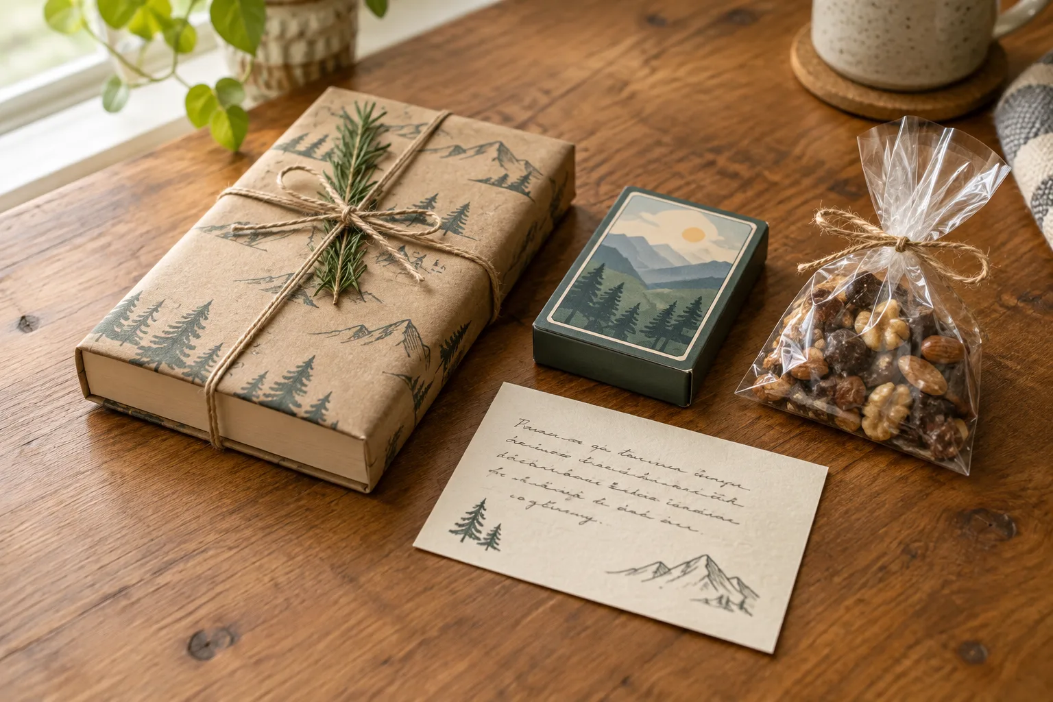 Un livre emballé, un jeu de cartes et une petite attention gourmande disposés sur une table.