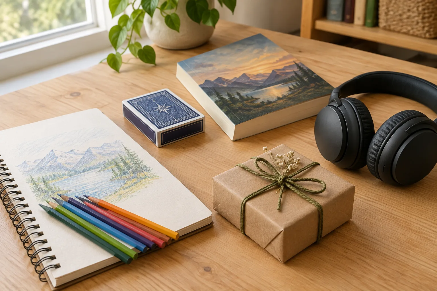 Carnet, crayons, livre et petit jeu réunis parmi des idées de cadeaux pour un adolescent.