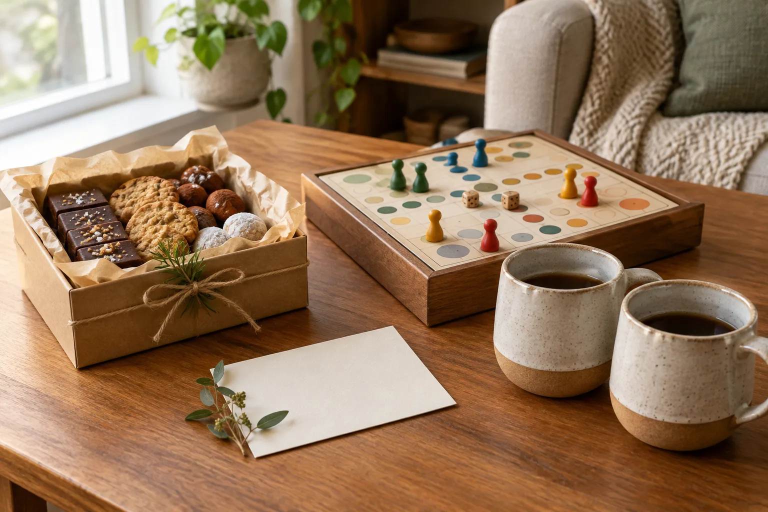 Une petite sélection de cadeaux à partager par un couple, posée sur une table.