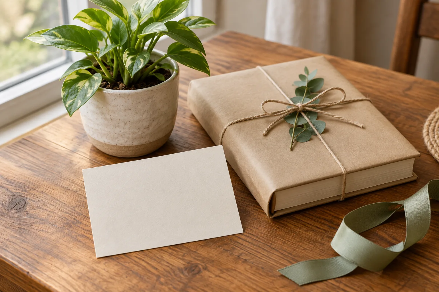 Une plante, un livre emballé et une carte vierge réunis pour un cadeau de départ à la retraite.