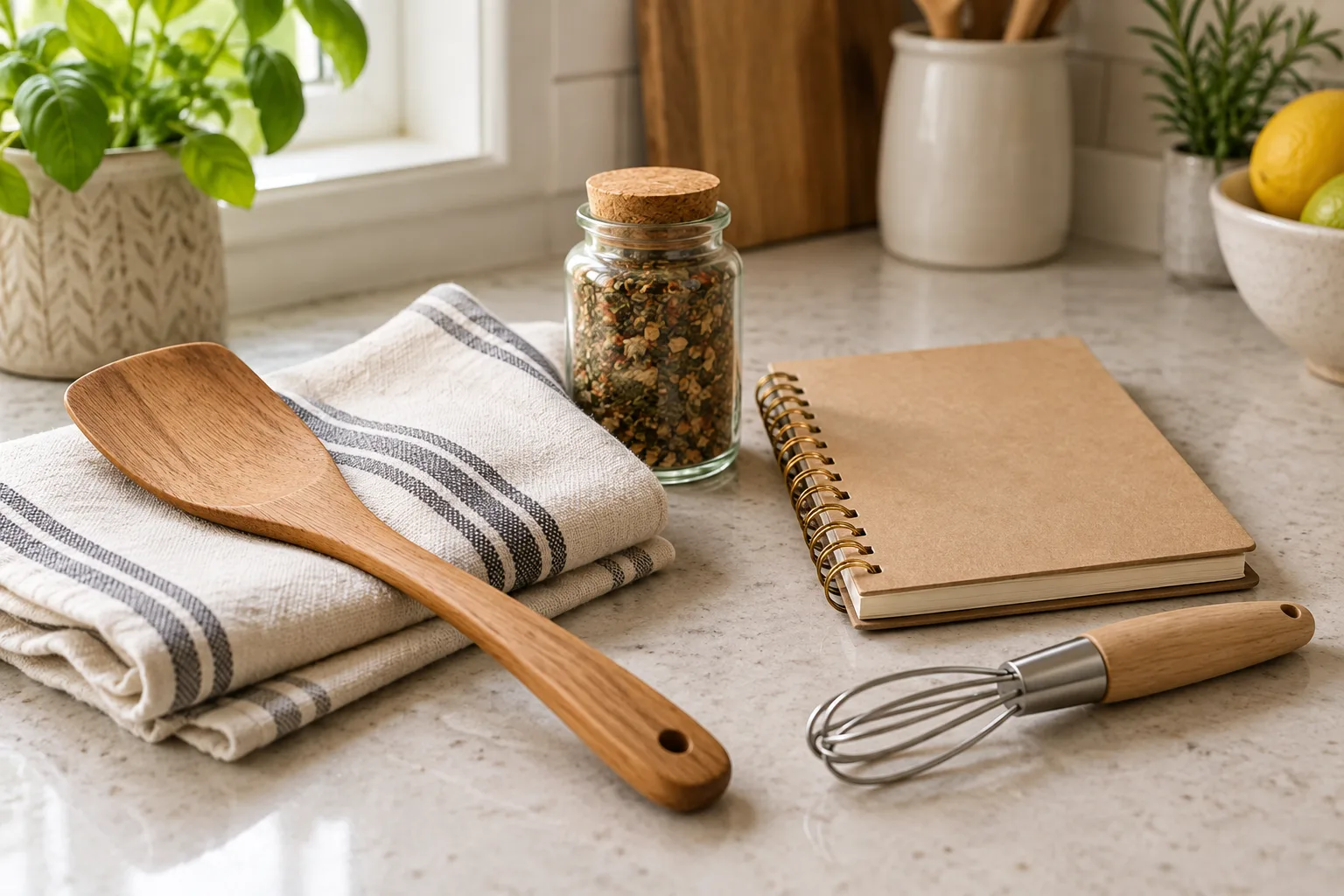 Accessoires de cuisine, épices et carnet de recettes réunis sur un plan de travail.