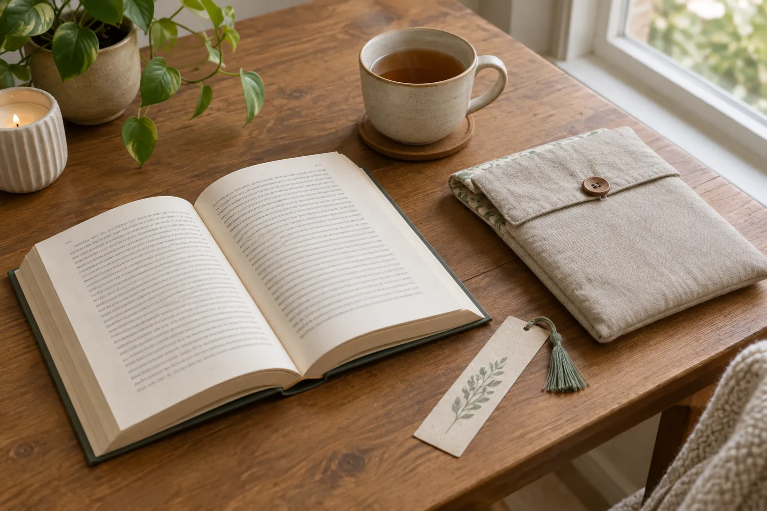 Un livre ouvert accompagné d’un marque-page et d’une pochette de lecture sur une table.
