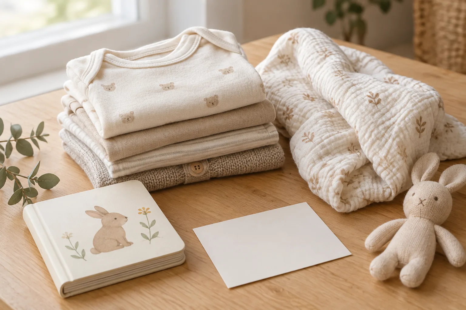 Petits cadeaux de naissance disposés sur une table, avec des vêtements neutres, un lange et un livre pour bébé.