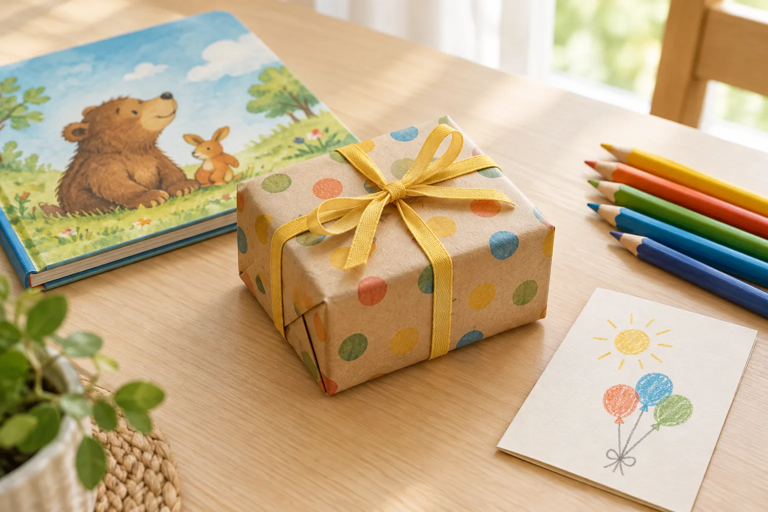 Petit cadeau emballé accompagné d’un livre jeunesse et de crayons de couleur.