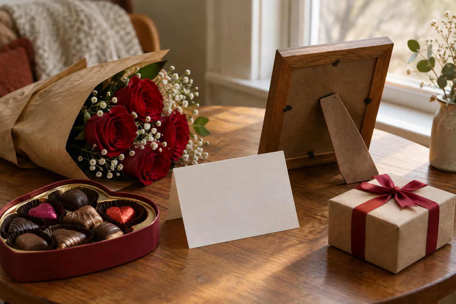 Petites attentions de Saint-Valentin disposées sur une table, avec une carte, des chocolats et un paquet cadeau.