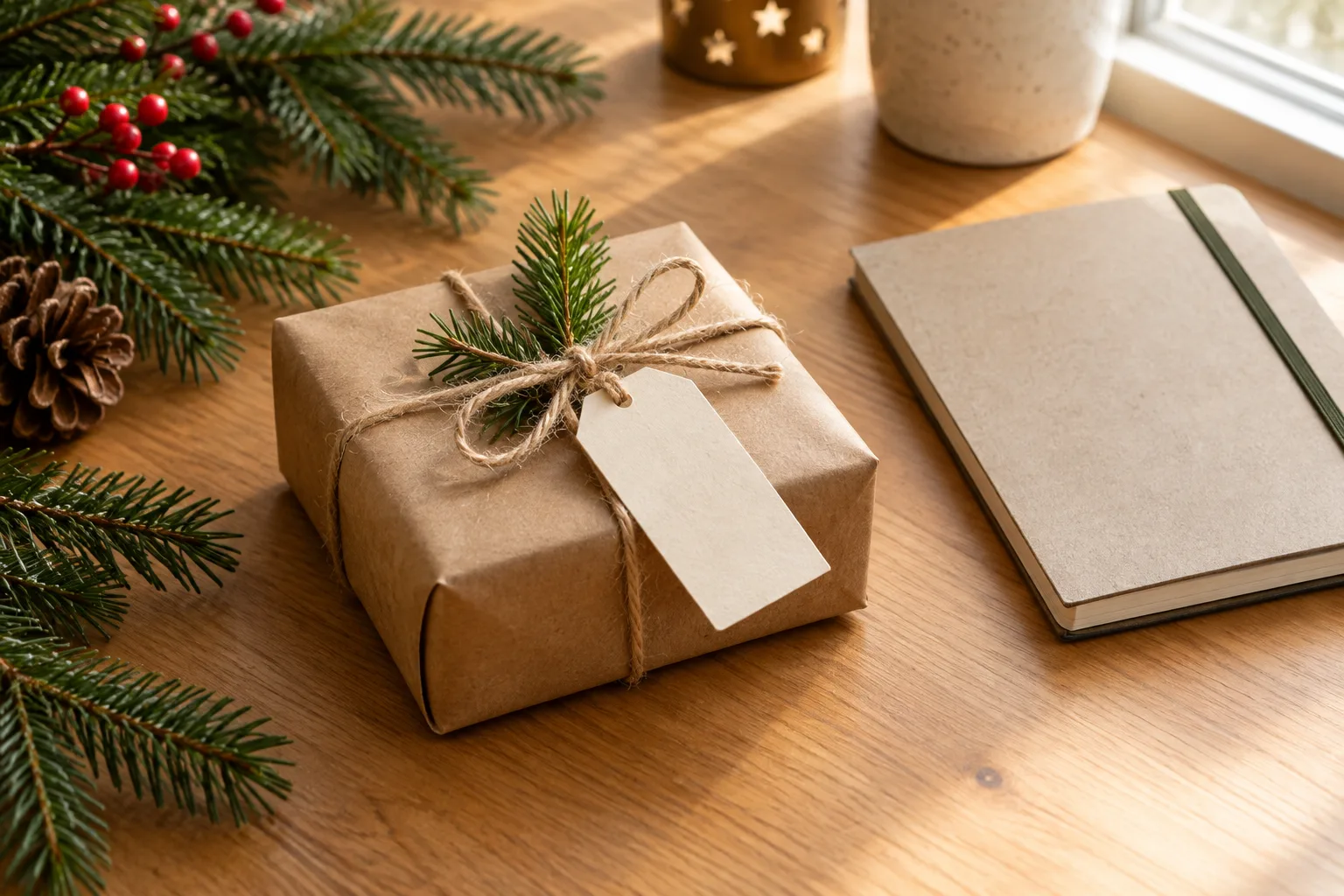 Petit cadeau emballé posé près d’un carnet et de quelques branches décoratives.
